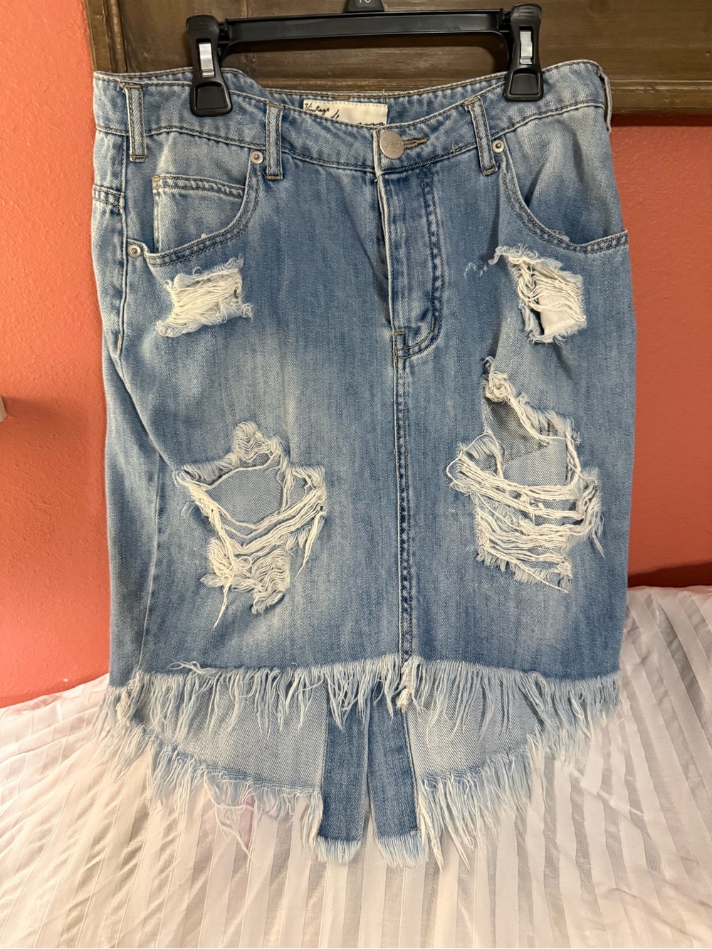 Vintage Havana Light Blue Distressed High-Low Denim Skirt Size 27